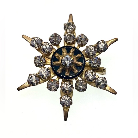 Vintage Starburst Gold Tone Brooch Pin Enamel Prong Set Faceted Crystals MCM - Picture 6 of 6